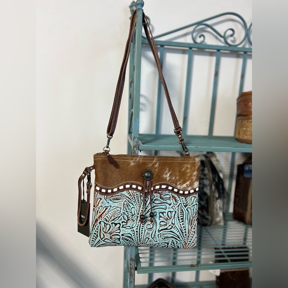 NEW Embossed green leather cowhide Floral Myra Bag ClutchCrossbody Small purse - Picture 5 of 12